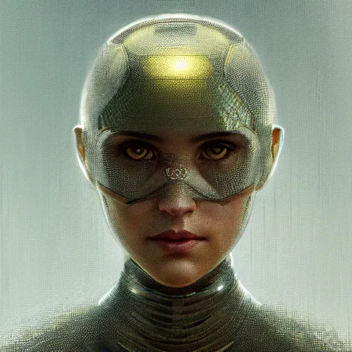 Image similar to headshot of humanoid robot from ex machina, intricate, headshot, highly detailed, digital painting, artstation, concept art, sharp focus, cinematic lighting, illustration, art by artgerm and greg rutkowski, alphonse mucha, cgsociety