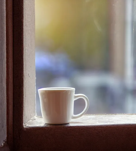 Image similar to a 4 k photorealistic photo close up of a mug on a sunny windowsill.