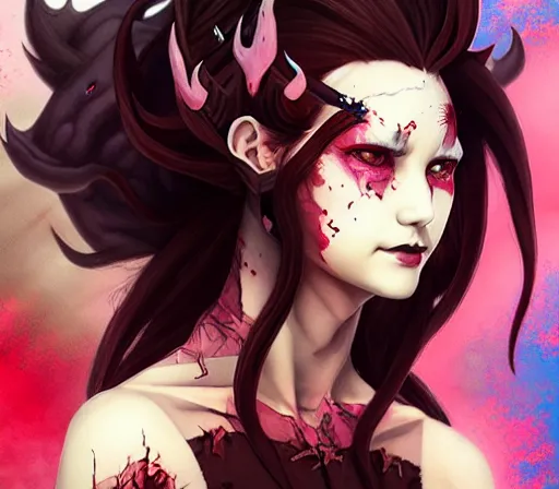 Prompt: a Demon Slayer FAN art portrait ofNezuko Demon form ,by Stanely Artgerm,Tom Bagshaw,arthur adams,Carne Griffiths,trending on DeviantArt,street art,face enhance,chillwave,maximalist,full of color,glittering