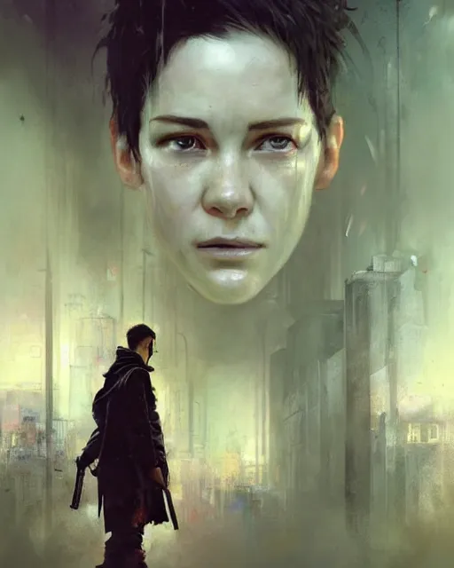 Image similar to battle hardened, overpowering, pragmatic, charismatic character from the matrix, face centered portrait, confident, ruined cityscape, sterile minimalistic room, architecture, fog, volumetric lighting, illustration, perfectly shaded, greenish tinge, cold lights soft painting, art by krenz cushart and wenjun lin