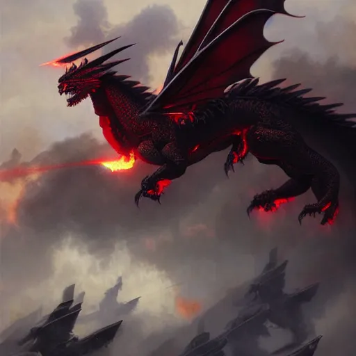 Prompt: an extremely detailed matte painting of a colossal red and black dragon breathing fire, destroying a squad of apache helicopters, very detailed, beautiful, intricate, cinematic, artstation, william bouguereau, alphonse mucha, greg rutkowski, rossdraws