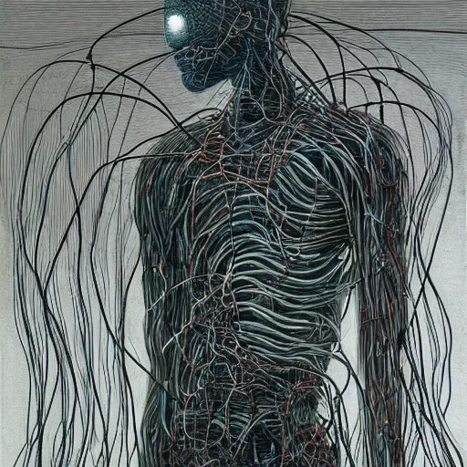 Image similar to a cyborg with many wires and cables Bursting out of them painfully and uncontrollably by junji ito and Zdzisław Beksiński