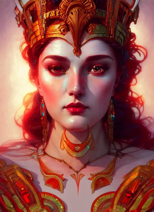 Image similar to the goddess hera looking angry, paper armour, volumetric lights, red and cyan theme, cute, intricate, elegant, highly detailed, digital painting, artstation, concept art, smooth, sharp focus, symmetric face, illustration, art by artgerm and greg rutkowski and alphonse mucha