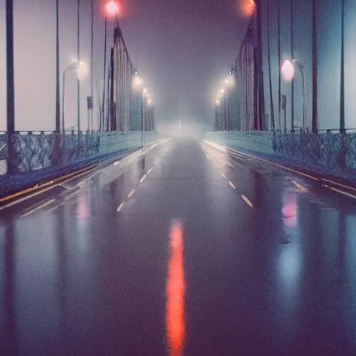 Image similar to bridge of san francicso photography,night,rain,mist, cinestill 800t, in the style of William eggleston