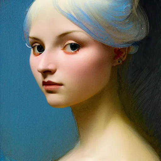 Image similar to young woman's face, her hair is white and she wears a cobalt blue duchesse satin cloak, by syd mead and moebius and roger dean and gaston bussiere and ivan aivazovsky and willem claesz and pieter claesz and paul delaroche and alma tadema and aelbert cuyp, hyperrealistic, volumetric light, octane