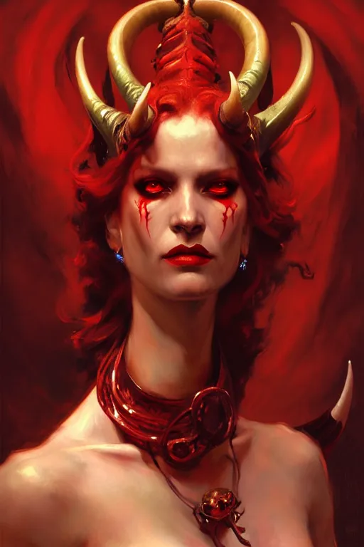 Image similar to painted close - up portrait of a very attractive red - skinned intimidating demon alien queen with ram horns! oil painting, wearing a noblewoman's outfit, fantasy art by john singer sargent and gaston bussiere and james jean and greg rutkowski, demon noble character design, hd