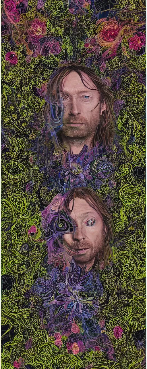 Prompt: disco diffusion portrait of Thom Yorke, hiding in the bushes looking shifty:: cosmic tarot card, intricate fractal details, broken physics, fanciful floral mandelbulb, black paper, style of wes anderson