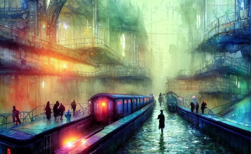 Image similar to an urban train rides inside of a waterway on a fantasy city. intricate, amazing composition, colorful watercolor, by ruan jia, by maxfield parrish, by marc simonetti, by hikari shimoda, by robert hubert, by zhang kechun, illustration, gloomy, volumetric lighting