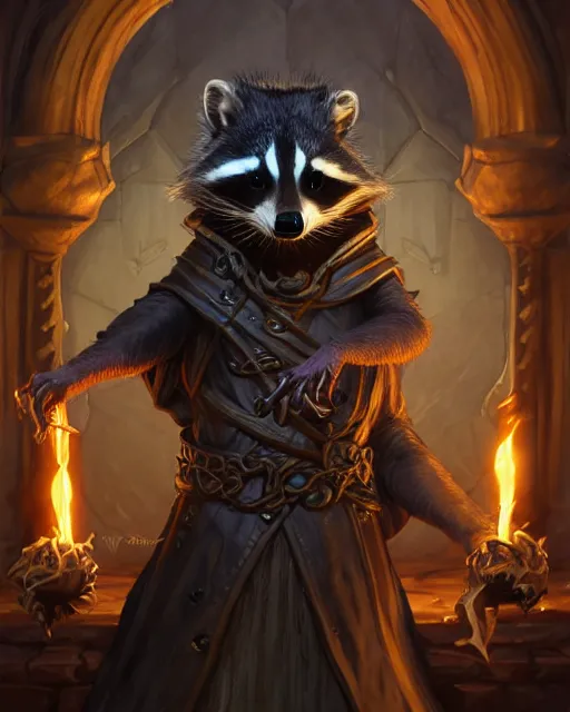 Image similar to anthropomorphic royal warlock raccoon casting a spell in a dungeon, dark souls, d & d, fantasy, intricate, action pose, elegant, highly detailed, digital painting, artstation, concept art, matte, sharp focus, volumetric lighting, illustration, hearthstone, art by artgerm, wlop, greg rutkowski and alphonse mucha