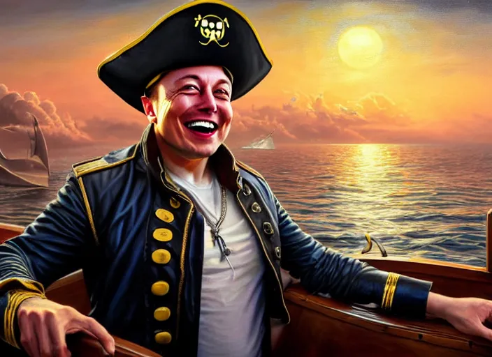 Image similar to highly detailed painting of a grinning Elon Musk as a pirate captain, proudly posing at the helm of his frigate wearing a pirate hat at dusk, artstation, cinematic lighting, hyperdetailed, cgsociety, 8k, high resolution, insanely detailed and intricate, concept art, smooth, sharp focus, illustration, art by John Philip Falter, Art Nouveau, masterpiece