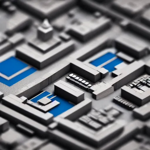 Image similar to isometric 3 d render of a city on a cpu chip, macro tilt shift extreme close - up of a city built on cpu, unreal engine render, isometric model rendered in octane