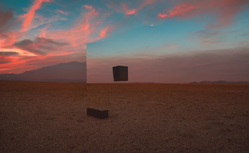 Image similar to giant black reflecting metal cube, standing in the mojave desert, dawn, orange sky, dslr photo, cinematic