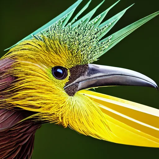 Image similar to closeup photo a bird of paradise, covered in feathers. focus on the beak. intricate eyes. extremely large wings. extreme detail, hyperrealistic photo