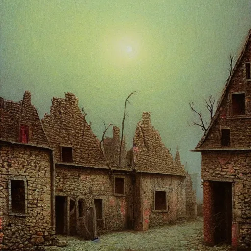 Image similar to an very high detaild oil painting of an old european medieval village painted by beksinski, eerie, midnight