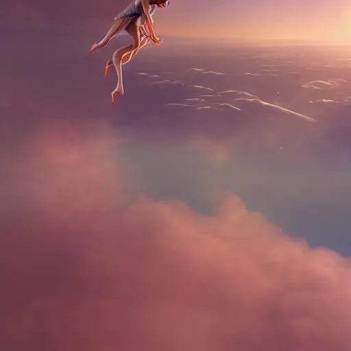 Image similar to a highly detailed digital rendering of an elegant futurstic woman floating above the clouds, by Andrea Chiampo, artstation, extremely detailed woman, stunning volumetric lighting, hyper realism, fantasy 4k,