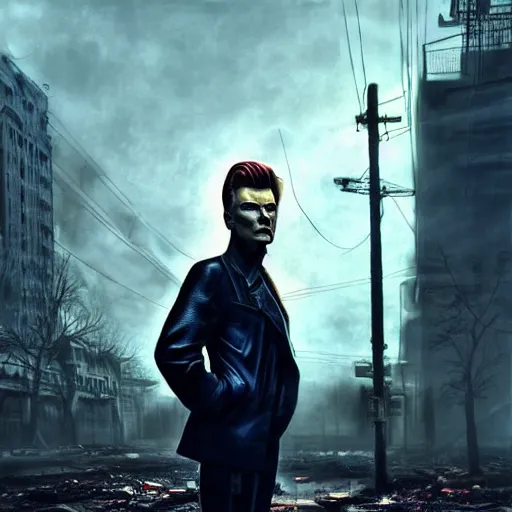 Image similar to fallout 5, charismatic david bowie, portrait, outdoors ruined cityscape, atmospheric lighting, painted, intricate, volumetric lighting, beautiful, daytime, sunny weather, slight overcast, sharp focus, deep colours, ultra detailed, by leesha hannigan, ross tran, thierry doizon, kai carpenter, ignacio fernandez rios