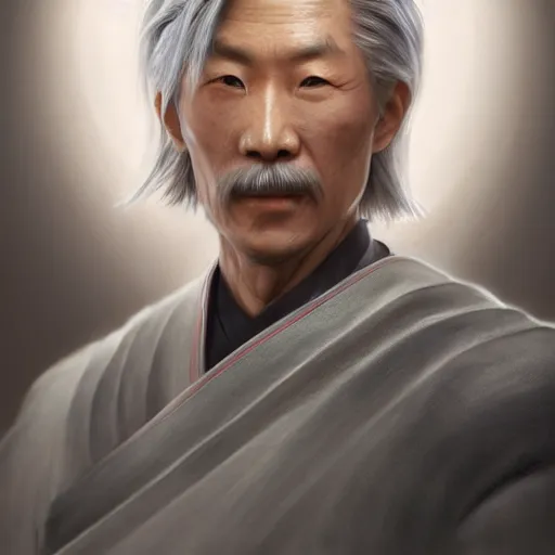 Prompt: portrait painting of a 6 0 year old kind handsome taoist priest ， looks like jie lott ， silver ponytail hair, amiable by yangjun chen ，, nadar, bright colors, octopath traveler, unreal engine 5 highly rendered, global illumination, radiant light, detailed and intricate environment