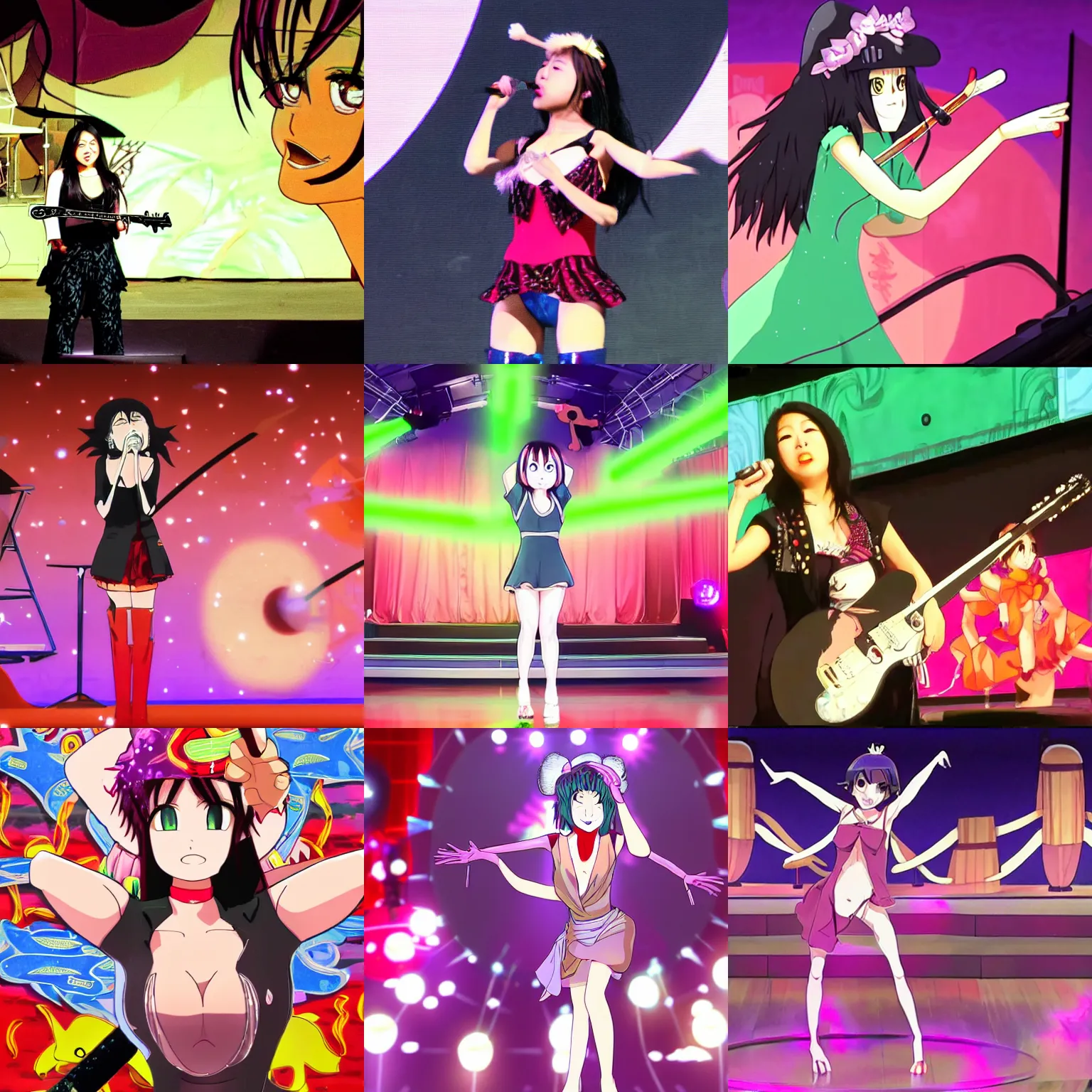 Prompt: calliope mori performing on a big stage, 2 d, anime