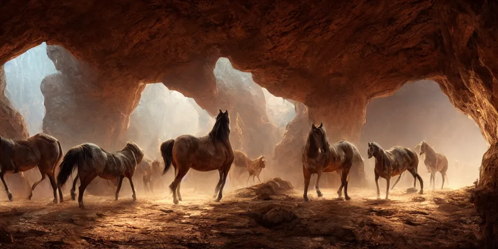 Prompt: of brown horses in a low light lit cave hurdled in a group, highly detailed, intricate, digital painting, trending on artstation, concept art, matte painting, art by greg rutkwowski, craig mullins, octane render, 8 k, unreal engine