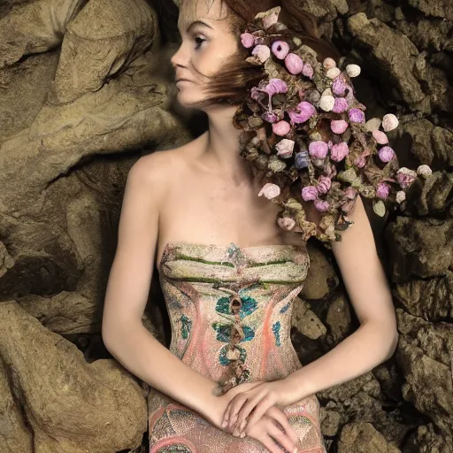 Image similar to mermaid , underwater , a stunning beautiful giorgia-era dress with brown long hair , abundant detail, flowers sprouting from the face