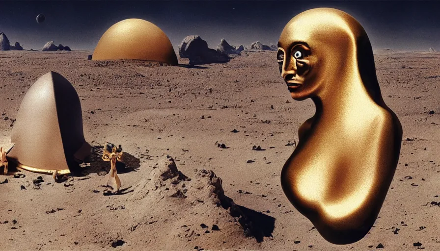 Prompt: glowing bene gesserit in full - face golden glowing mask meet salvador dali in a black rocky desert landscape with alienabandoned city beneath the sand and giant alien spaceship in the sky attacks the earth by christopher doyle and alejandro jodorowsky, anamorphic lens, kodakchrome, cinematic composition, very detailed photo, 8 k,