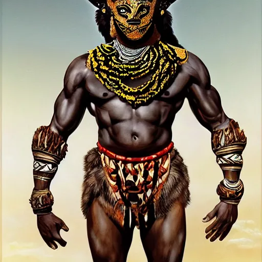 Image similar to a full body muscular male with an african mask, wearing an african armor, shaman, zulu, hamar, himba, karo, masai, samburu, by alex gray and android jones, karol bak, ilya golitsyn, ayami kojima, amano, black panther, moebius, concept art, character design, fantasy, 3 d, 8 k resolution