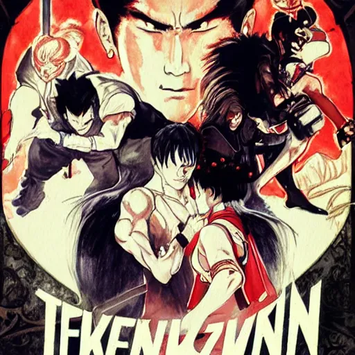 Image similar to vintage movie poster art for tekken by trending pixiv fanbox, watercolor, style of mucha akihiko yoshida takashi stephen bliss kurosawa and agnes cecile 4 k concept art