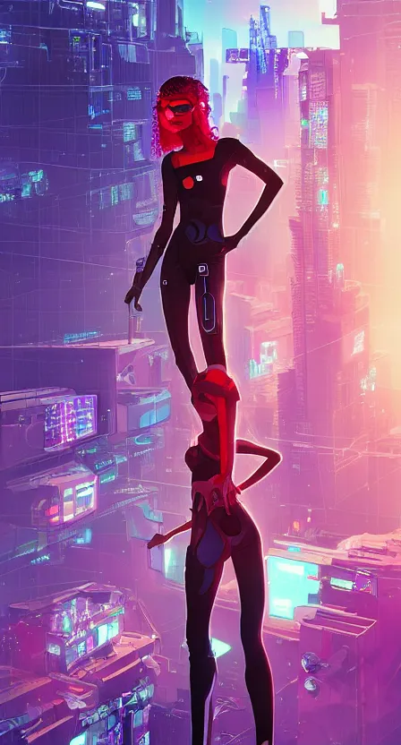 Image similar to zendaya as a cyberpunk hero standing on the rooftop of cybertown, art poster, full body, t - pose, character design, ambient lighting, 4 k, lois van baarle, ilya kuvshinov, rossdraws, alphonse mucha, jung gi kim, dylan kowalsk, artstation