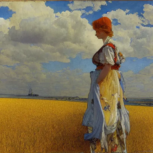 Image similar to A beautiful painting of an offshore oil rig, standing in a golden wheat field, fine art, painted by carl larsson and alphonse mucha, art deco