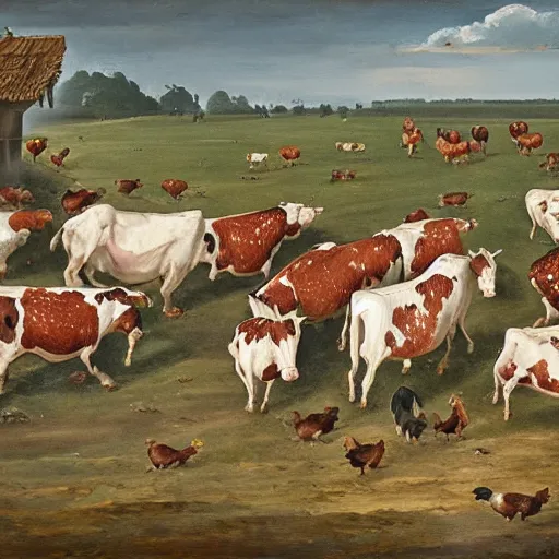 Image similar to large battle scene of cows vs chickens