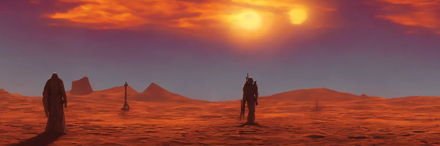 Prompt: a lone tusken raider watching the sunset, by Angus McKie, luminous lighting, cinematic, panoramic, aspect ratio 1:3