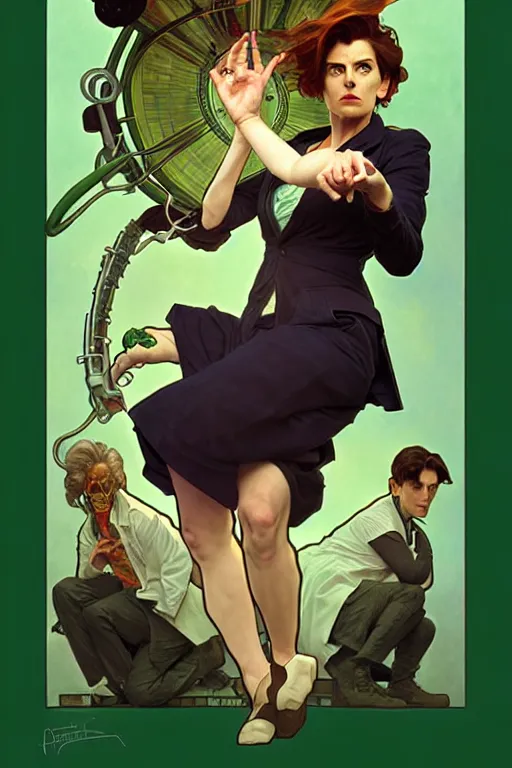 Image similar to doctor who, woman, as a mad dentist, on a plain green background, art by artgerm and greg rutkowski and alphonse mucha