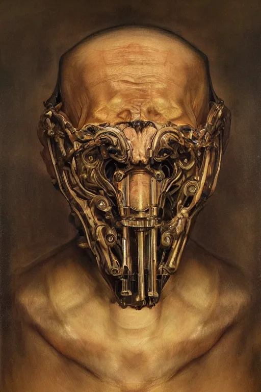 Prompt: beautiful clean oil painting biomechanical portrait of man face with mask of madness by huaishen j, wayne barlowe, freud lucian, rembrandt, complex, stunning, realistic, skin color