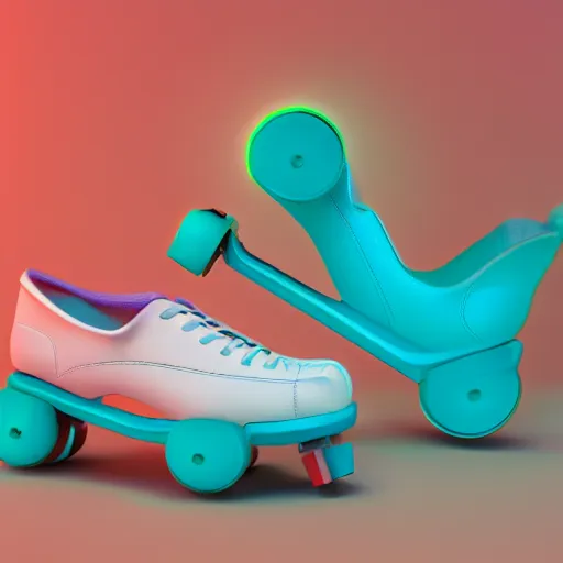 Prompt: a pair of white retro! roller skates with cyan wheels on a pedestal!! in an empty white room, octane render, 3 d, pink lightning, neon!! light