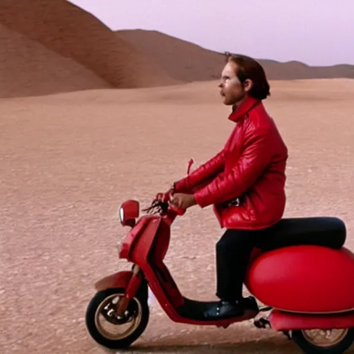 Prompt: a man in a red bomber jacket riding a moped through the desert, film still by Wes Anderson