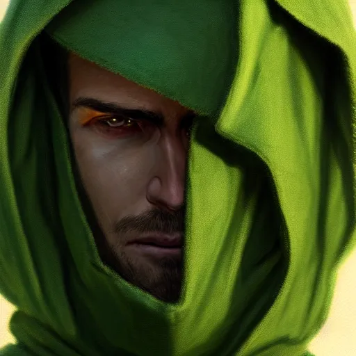 Image similar to portrait of a chad programmer with green hood by greg rutkowski, 4 k, close up