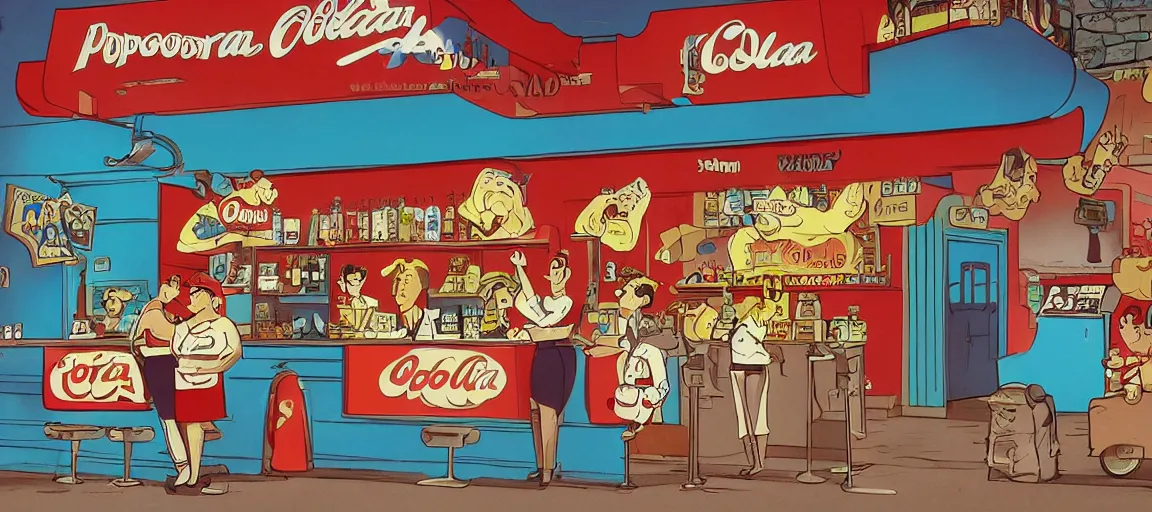 Prompt: popcorn, cola and hotdog promoting cinema's bar, old retro cartoon style
