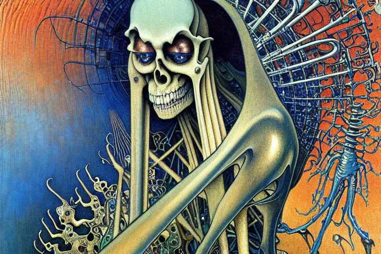 Prompt: realistic detailed closeup portrait painting of a single skeleton wearing a cape in a crowded futuristic street by Jean Delville, Amano, Yves Tanguy, Alphonse Mucha, Ernst Haeckel, Edward Robert Hughes, Roger Dean, rich moody colours, blue eyes