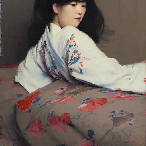 Prompt: girl with long wavy hair, in kimono with koi pattern, backview, sitting on edge of bed, by jeremy lipking, serge marshennikov, joseph todorovitch