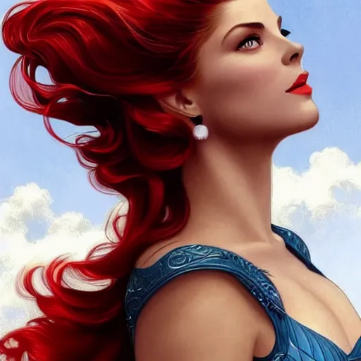 Image similar to A combination of Grace Kelly's and Katheryn Winnick's and Ashley Greene's faces with red hair as Aqua Man, full body shot, western, fantasy, intricate, elegant, highly detailed, digital painting, artstation, concept art, matte, sharp focus, illustration, art by Artgerm and Greg Rutkowski and Alphonse Mucha