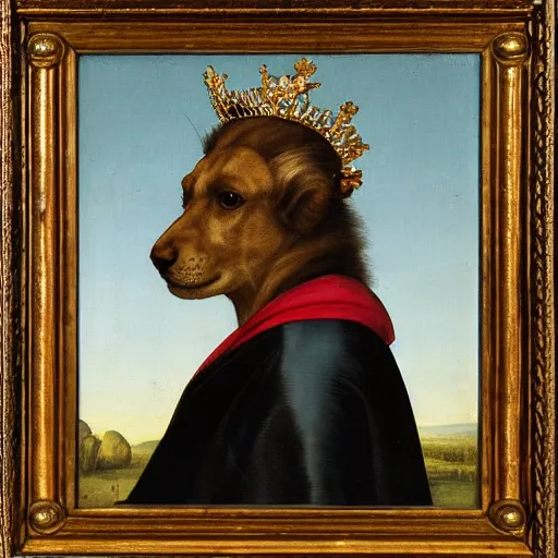 Image similar to a renaissance style portrait painting of an animal, wearing a crown and cape, dark background