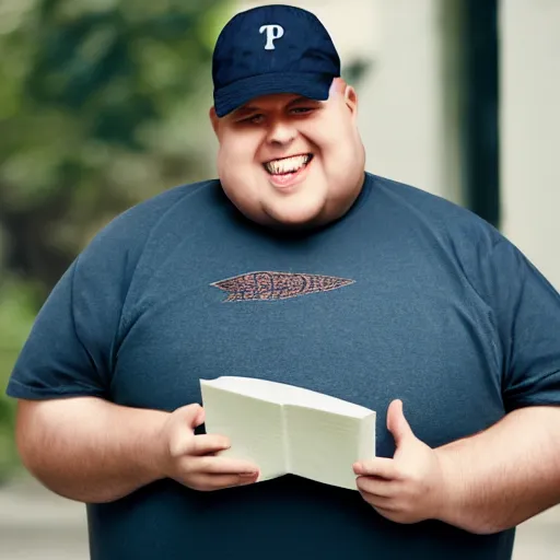 Image similar to very obese man with a t-shirt and a cap with the letter P, writing on a book