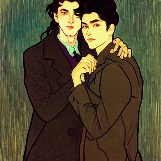 Image similar to painting of young cute handsome beautiful dark medium wavy hair man in his 2 0 s named shadow taehyung and cute handsome beautiful min - jun together at the halloween! party, ghostly, haunted, ghosts, autumn! colors, elegant, wearing suits!, clothes!, delicate facial features, art by alphonse mucha, vincent van gogh, egon schiele