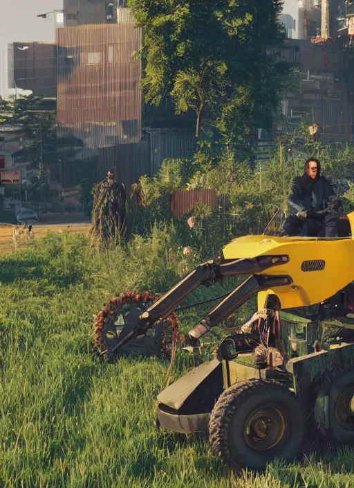 Image similar to wake up samurai we have a community to feed, solarpunk keanu reeves driving a tractor, cyberpunk 2 0 7 7, solarpunk, lots of plants, gardening, permaculture, anarchy, realistic, ultra detailed