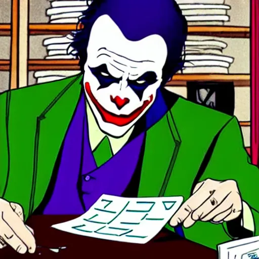 Prompt: the joker doing his taxes