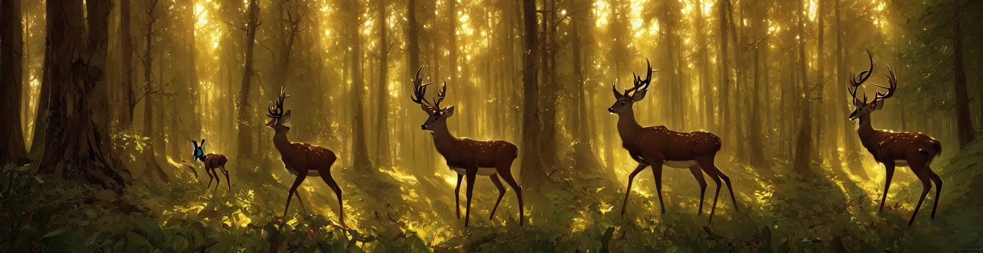 Prompt: Deer in Sherwood Forest, highly detailed, digital painting, artstation, concept art, smooth, sharp focus, illustration, art greg rutkowski and alphonse mucha