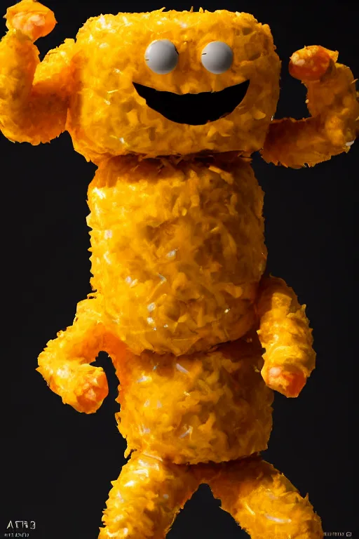 Image similar to channing tatum in a tater tot costume, tater tot face, ef 8 5 mm f 1. 8 usm, bionic scifi alexandre ferra, hyper detailed, digital art, trending in artstation, cinematic lighting, studio quality, smooth render, unreal engine 5 rendered, octane rendered