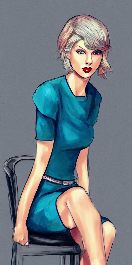 Prompt: a fully shaded 2 d art of taylor swift sitting on a chair with short blue hair, art by matthew orders, trending on artstation