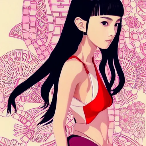 Image similar to a beautiful young japanese natalie portman alluring gravure model, stylized concept art, wearing elegant designer bomber jacket and one piece bikini, bomber jacket with mesoamerican patterns, mesoamerican native street fashion, princess mononoke, painted by ilya kuvshinov aesthetic, gorgeous, stunning, alluring, attractive, artstation, pinterest, digital art