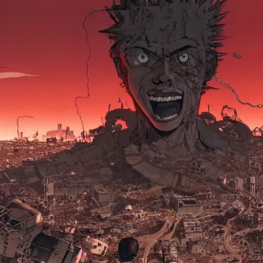 Prompt: tetsuo from akira destroying barcelona, post apocalyptic scene, by katsuhiro otomo, high detail, 4 k